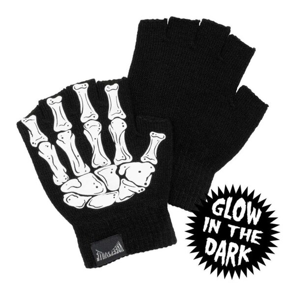 Fingerless Gloves Skeleton Trick or Treat Glow in Dark Goth Punk 2 Unisex Sizes - Picture 5 of 11